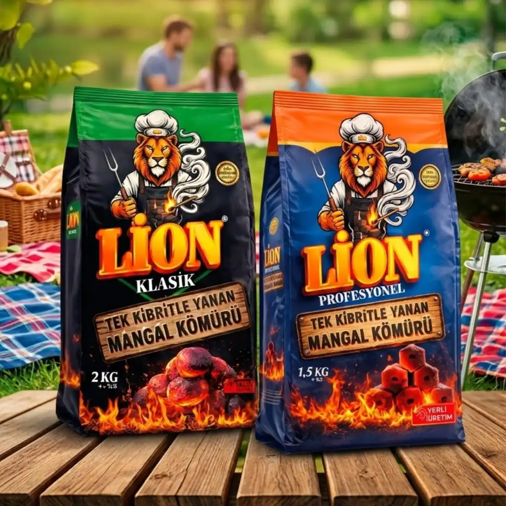 Ahşap bir tezgah üzerinde yan yana sergilenen Lion mangal kömürü çeşitleri; 1.5 kg profesyonel seri ve 2 kg klasik paket seçenekleriyle sunulmaktadır. Tek kibritle yanan mangal kömürü olma özelliğiyle öne çıkan bu doğal meşe kömürleri, yanında sergilenen kömür parçalarıyla birlikte hem restoranların hem de ev kullanıcılarının pratik ve yüksek ısılı mangal ihtiyaçlarını karşılamak üzere özel olarak hazırlanmıştır