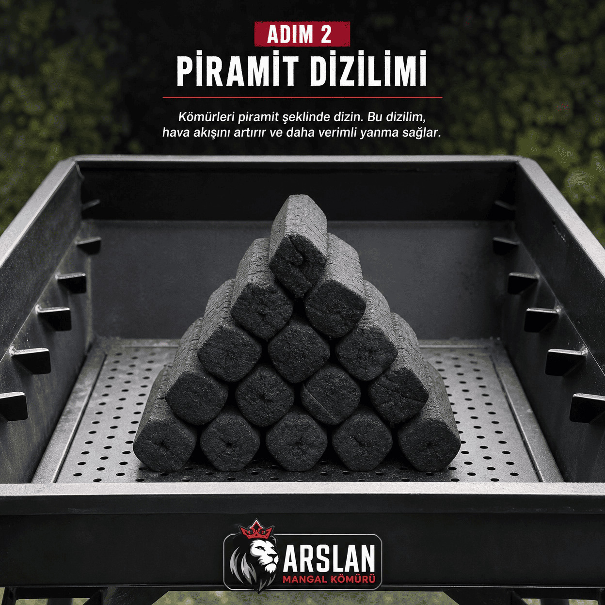 Mangal yakma rehberi Adım 2: Hava akışı için kömürlerin piramit şeklinde dizilmesi